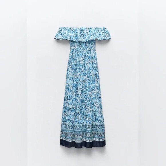 Zara Floral Print Off The Shoulder Dress XS - Picture 6 of 7